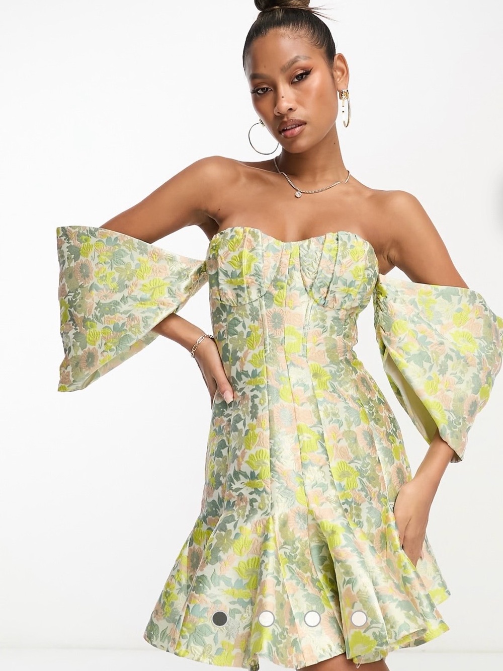Floral Off-Shoulder Corset Mini Dress in Pastel Green